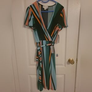 Donna Morgan Green and Orange Wrap Midi Dress with Flutter Sleeves